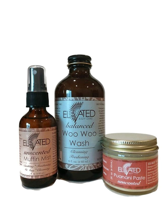 ELEVATED (by TAYLOR'S) Ladies Bestie Kit • Woo Woo Wash, Muffin Mist, Punani Paste (Unscented (Mist, Paste) Balanced (Wash))