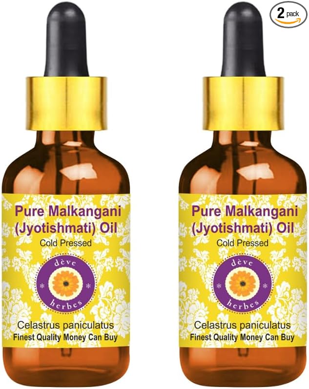 Deve Herbes Jyotishmati Oil (Celastrus paniculatus) with Glass Dropper | Cold Pressed | Pure | for Diluting Essential Oils | Skin & Massage | Non-Sticky| Lightweight| Unisex | 30ml X 2 (2 oz)
