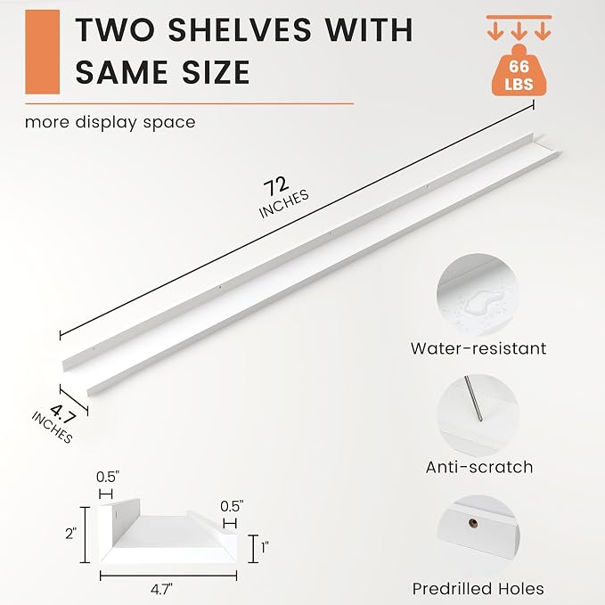 Picture Ledge Shelf, Long Floating Shelves for Wall, 72" W Set of 2, White | FSC Certified Engineered Wood, Wall Mounted Bookshelf, for Nursery Living Room Bedroom, Easy Install
