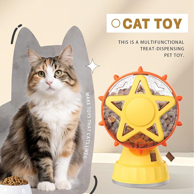 2-in-1 Interactive Cat Toy, Rotating Treat Dispenser with Strong Suction Cup & Teaser Wand, Adjustable Slow Feeder Puzzle Toy for Cats, Boredom Relief & Mental Stimulation Fits Kibble ,Treats (Yellow)