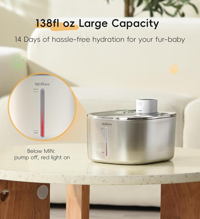 Cat Water Fountain Stainless Steel, 138fl.oz / 4.1L Cordless Cat Fountain | Wireless Pet Fountain; 4000mAh Battery; Indoor; Triple Water Modes; 25 dB Ultra-Quiet