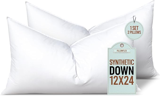 Pillowflex Synthetic Down Pillow Insert 12x24 in - Karate Chop Pillow | Set of 2 - Large Rectangle Sham Forms, Plush Polyester Cotton Blend, Cloud-Like Comfort, Clump-Resistant Fill, Smooth Finish
