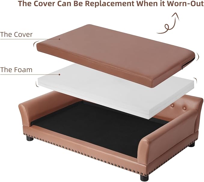 Large Leather Dog Sofa: Scratch Resistant Pet Couch up to 77lbs | Luxury Modern Indoor Dog Furniture, Elevated Wooden Frame Doggie Lounge Bed for Large Pet, Replaceable Cover, Easy Clean