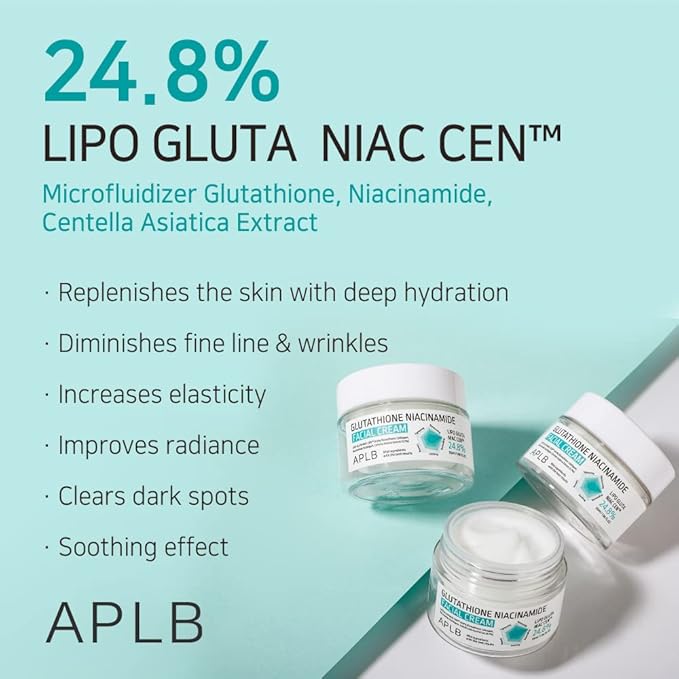 APLB Glutathione Niacinamide Facial Cream | LIPO GLUTA NIAC CEN™ 24.8% 1.86 FL.OZ/Korean Skincare, Deep hydration, Niacinamide, Improve skin elasticity, Improve skin texture