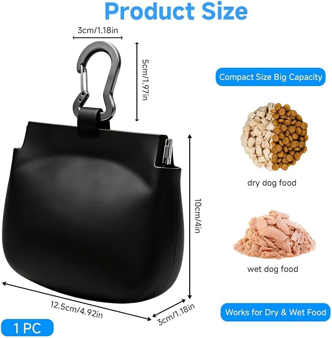 Silicone Dog Treat Pouch for Leash, One-Hand Access Training Pouch with Pull Tab with Auto-Closing Lid, Small Pocket Sized Dog Treat Bag with Clip, Waterproof Puppy Training & Walking，1 Cup