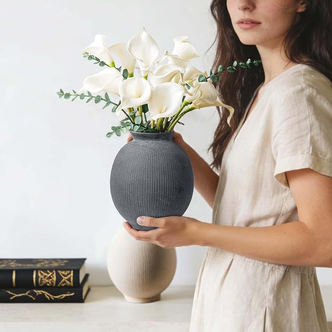 Ceramic Decorative Flower Vase - Rustic Farmhouse Boho Ceramic Vase for Home Decor, Table Centerpiece, Living Room, Bathroom, Book Shelf, Mantel Decoration, Wedding Decor (6.8" Black)