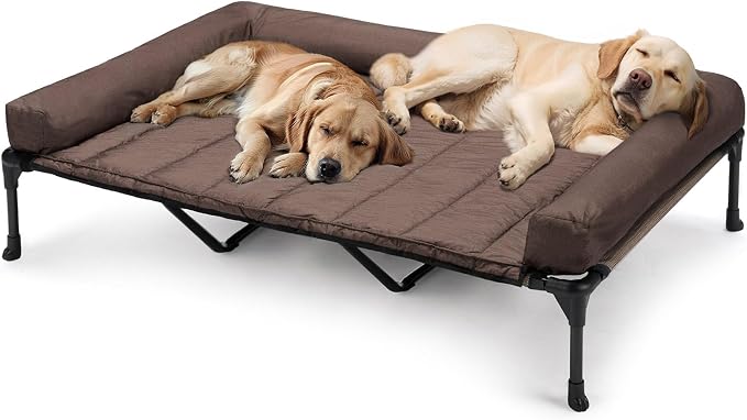 Veehoo Outdoor Elevated Dog Bed with Waterproof Bolster Cushion, Cooling | Raised Dog Bed with Removable & Washable Mat Topper, Breathable Mesh, Dog Couch Cot for Indoor Outdoor, 59", Large, Brown