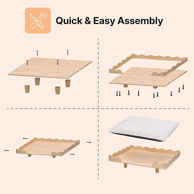 Veehoo Elevated Dog Bed for Small Dogs, Fancy Luxury Wooden Dog Bed Frame | Aesthetic Raised Pet Furniture, Low Entry, Sturdy Real Wood Frame, Soft Cushion, Non-slip Bottom, Easy Assembly, 28" x 22"