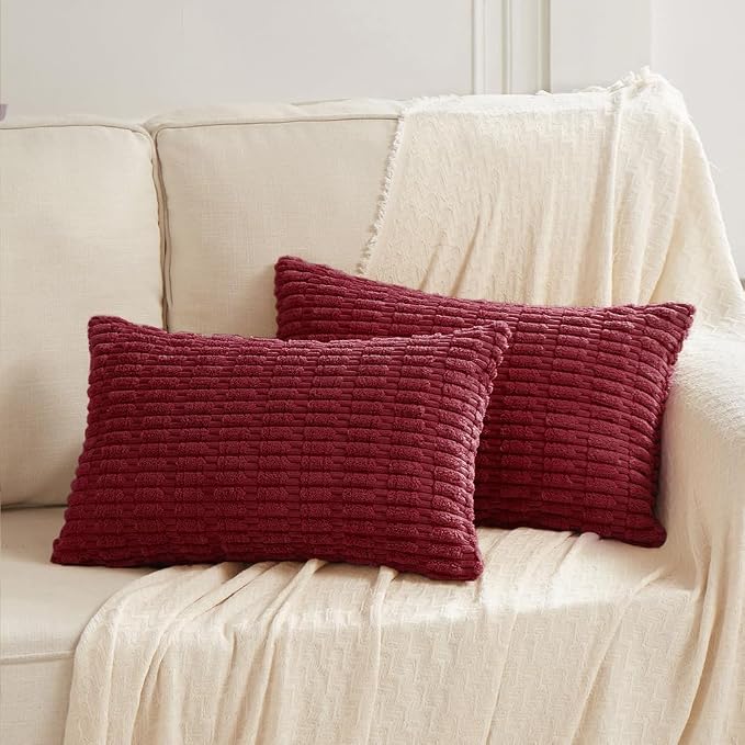 Fancy Homi Decorative Throw Pillow Covers for Bed Couch Bedroom Bench, Soft Corduroy Solid Pillow Case, Rustic Farmhouse Boho Room Decor,24" x 12" (Pack of 1),Burgundy