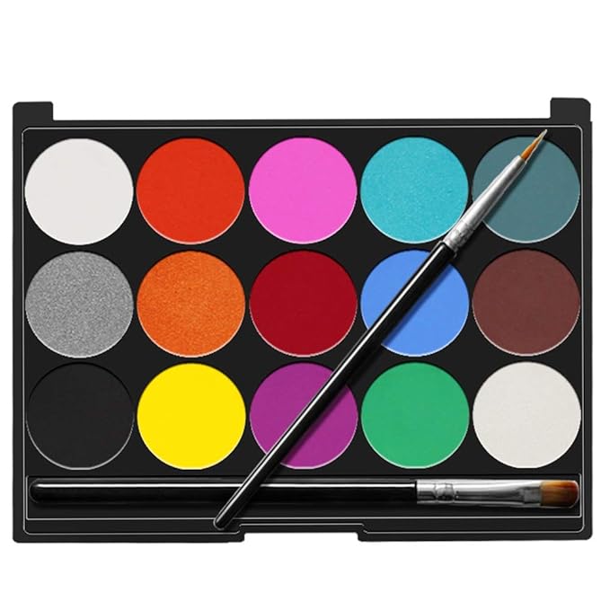 Face Paint Kit - 15 Vibrant Colors Non-Toxic Washable Makeup for Kids & Adults | Water-Based Halloween, Party, Cosplay | Includes 2 Brushes & Palette