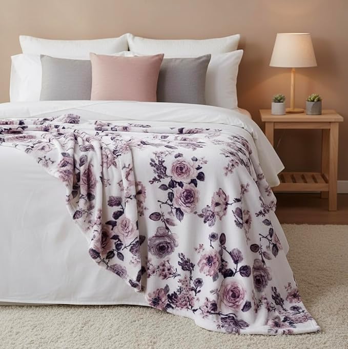 Decorative Floral Fleece Throw Blanket: Velvety Soft Plush Rose Flower Accent for Couch or Bed, Blush Pink Purple Navy Blue Grey on White, Oversized 50" x 70" Inches