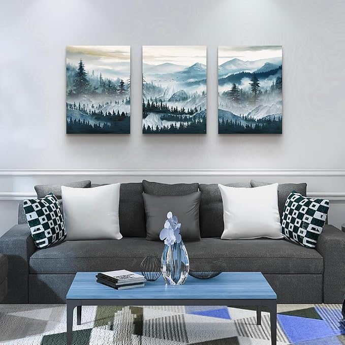 MHARTK66 Wall Art for Living Room,Mountain Landscape Wall Decor,Large Foggy Forest Artwork for Walls, 3 Piece Nature Paintings Prints for Bedroom Hallway Office Kitchen Home Decorations, 20x28 Inch