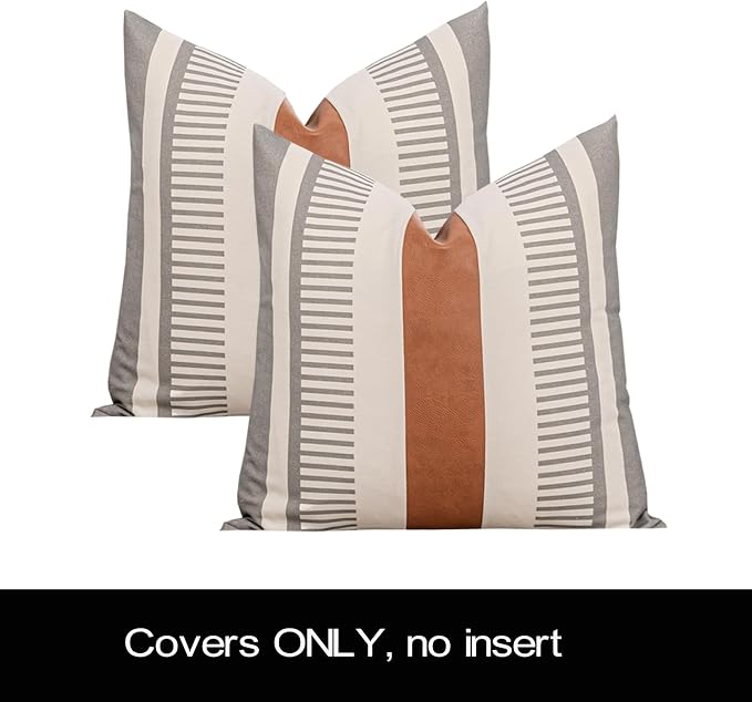 2 Pack 20x20 Inch Pillow Covers - Brown Faux Leather & Gray Stripe Print Soft Canvas Splicing, Same Pattern Both Sides | for Sofa Couch Bed Living Room, Farmhouse Industrial Minimalist Decor