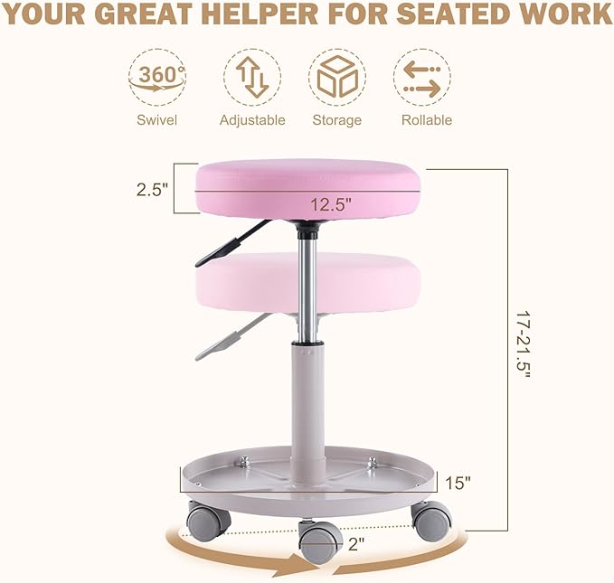 Rolling Salon Stool with Storage Tray (Pink)