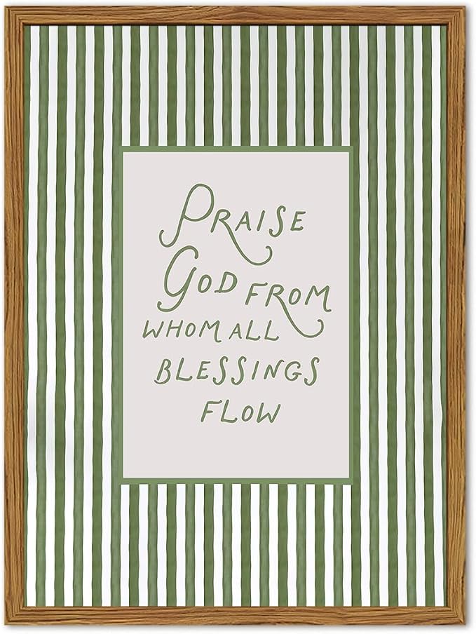Framed Christian Wall Art, Praise God From Whom All Blessings Flow Scripture Pictures Wall Decor, Sage Green Striped Bible Verse Paintings Canvas Prints Religious Home Decor for Living Room 12x16 inch