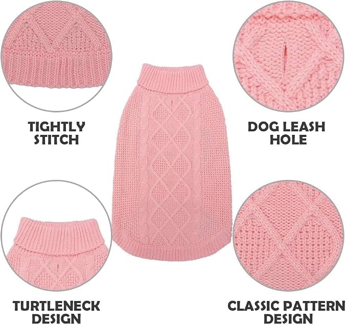 Mihachi Turtleneck Dog Sweater - Winter Coat Apparel Classic Cable Knit Clothes with Leash Hole for Cold Weather, Ideal Gift for Pet in New Year Flesh Pink Medium/Large