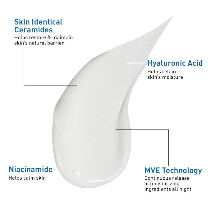 CeraVe PM Facial Moisturizing Lotion, Night Cream with Hyaluronic Acid and Niacinamide, Ultra-Lightweight, Oil-Free Moisturizer for Face, 3 Ounce