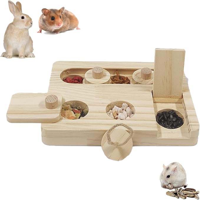 Wooden Rat Foraging Toy 7"x 5.1" Boredom Breaker Rabbit Enrichment Toys Interactive Treat Dispenser for Guinea Pig,Rabbit,Bunny,Hamster,Hedgehog, Chinchilla, Mouse,Rats,Sugar Gilders
