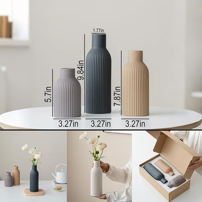 Modern Ceramic Vases Set of 3, Black Ribbed Decorative Vases, Shelf Table Centerpiece for Home Decor, Birthday Gifts for Women, Mom, Grandma Decorative (Black Mix)
