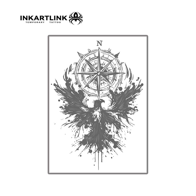 INKARTLINK Semi Permanent Tattoo, Creative Party Tattoos, Beautiful and Realistic Designs, Fun Tattoo Experience, Cruelty-free, Non-reflective, Waterproof (Eagle, Compass)