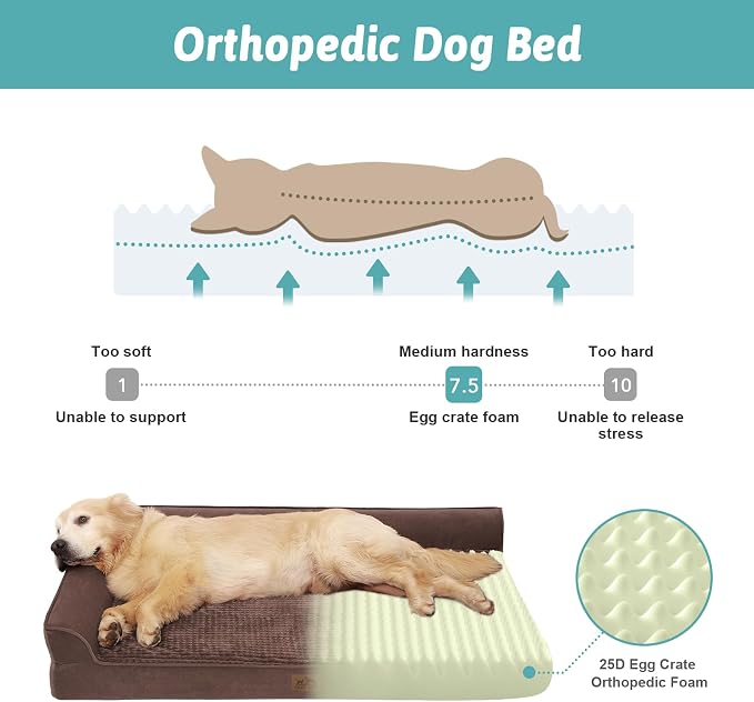 COZY KISS Orthopedic Dog Bed for Medium Small Size Dogs, L Shaped 30x20 in | Non-Slip Bottom Soft Pet Sofa with Washable Removable Waterproof Cover, Egg-Crate Foam Couch with Portable Handle, Brown