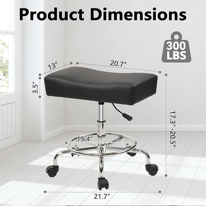 Heavy Duty, Extra Wide Rolling Stool PU Leather Thickened Seat Cushion with Foot Rest Adjustable Height Swivel with Wheels for Spa Salon Tattoo Work Massage Barstool, Black, 4 Pack