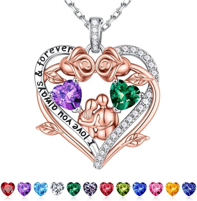 Iefil Valentines Gifts for Her Wife - 925 Sterling Silver Double Heart Birthstone Necklace, Anniversary Birthday Gifts for Women Wife Girlfriend