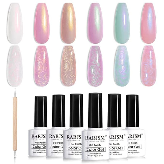 RARJSM Pearl Gel Nail Polish Shell Glitter Pearlescent Shell Gel Polish Set 6 Colors Pink White Green Purple Shimmer Mermaid Swirl Thread Effect Soak Off Curing Requires DIY Manicure Use