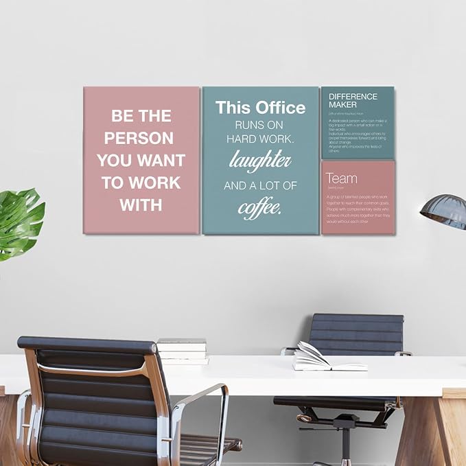 YEOION Motivational Office Wall Art,Inspirational Teamwork Wall Art for Office,Light Pink and Green Positive Teamwork Wall Decor for Women Set of 6