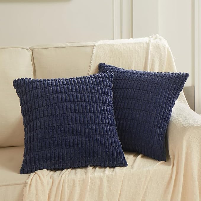 Fancy Homi Decorative Throw Pillow Covers for Bed Couch Bedroom Bench, Soft Lumbar Corduroy Solid Pillow Case, Rustic Farmhouse Boho Room Décor, 18" x 18" (Pack of 1), Navy Blue