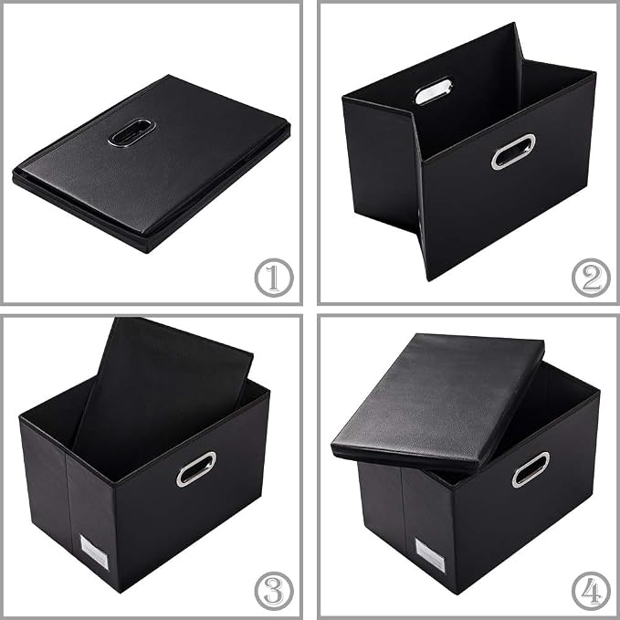 Foldable Storage Bins with Lids [5-Pack] Leather Fabric Collapsible Storage Boxes Organizer Containers Baskets Cube with Cover for Bedroom Closet Office Nursery Black (14.9x10.8x10)