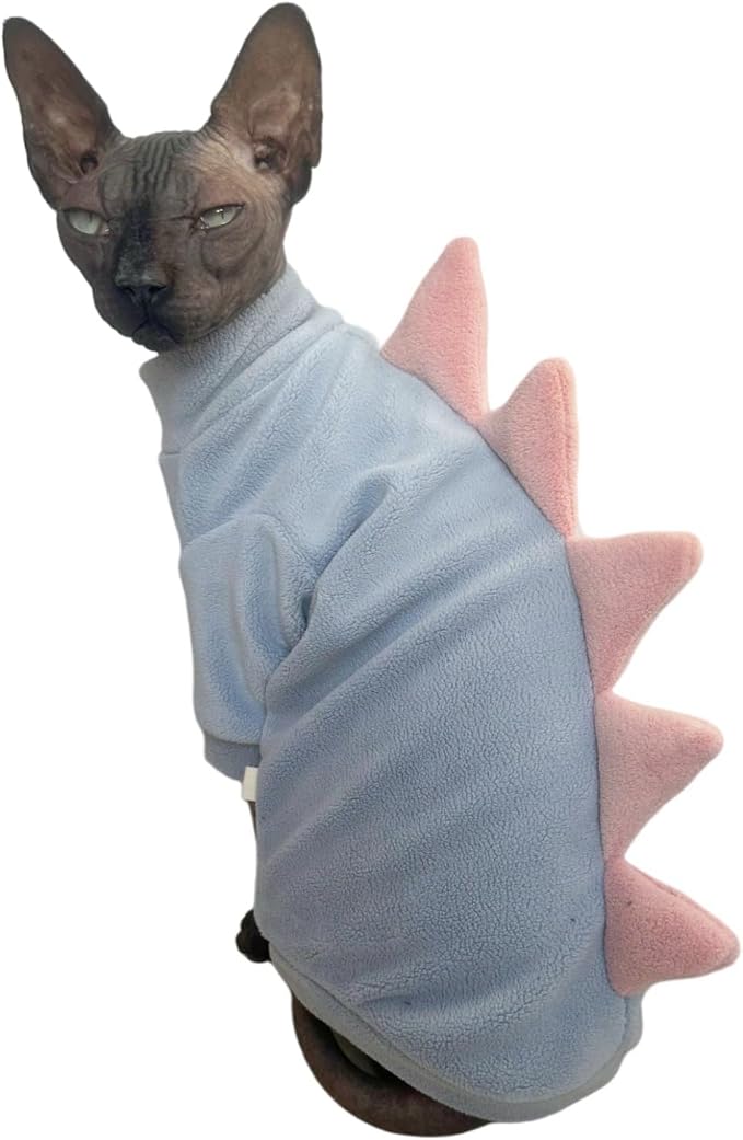 Sky Blue Dinosaur Sphynx Cat Clothes Sweater Hairless Cat Apparel | Soft, Elastic, Warm Polar Fleece,Winter Warm Outfit, Cute Dinosaur