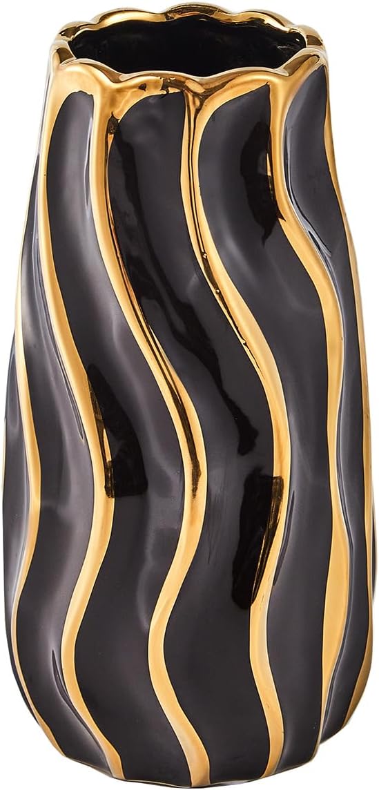 Black Ceramic Vase for Home Decor, Vertical Stripe Decorative Flower Vase for Bedroom, Office, Living Room, Bathroom, Tabletop Decor