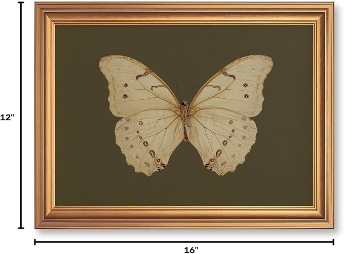 JLTULT Gold Framed Butterfly Wall Art, Dark Green Canvas, 12 x 16 Inches | Ivory butterfly art on fade-resistant dark green canvas with a ready-to-hang gold-tone PS frame for bedrooms and offices