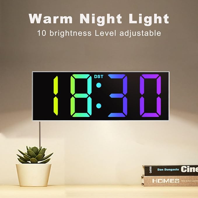 JALL Digital Wall Clock Large Display with Big LED Numbers, Remote Control, 8 RGB Colors, Auto DST, Night Light for Classroom Living Room Bedroom Birthday Gift for Senior(A White Shell, 12 inches)