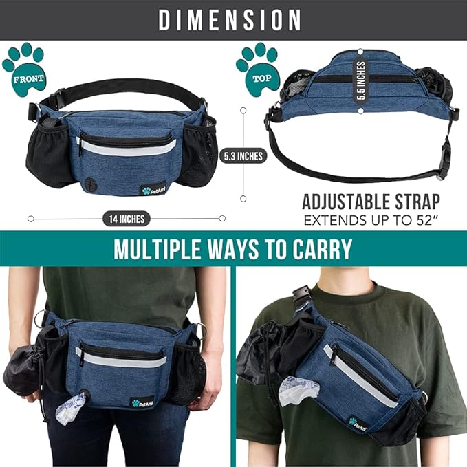 PetAmi Dog Fanny Pack, Treat Pouch for Dog Walking Training, Navy Blue | Built in Poop Bag Dispenser, Water Bottle Holder, Collapsible Bowl, Pet Treat Waist Belt for Hiking Running Kibbles