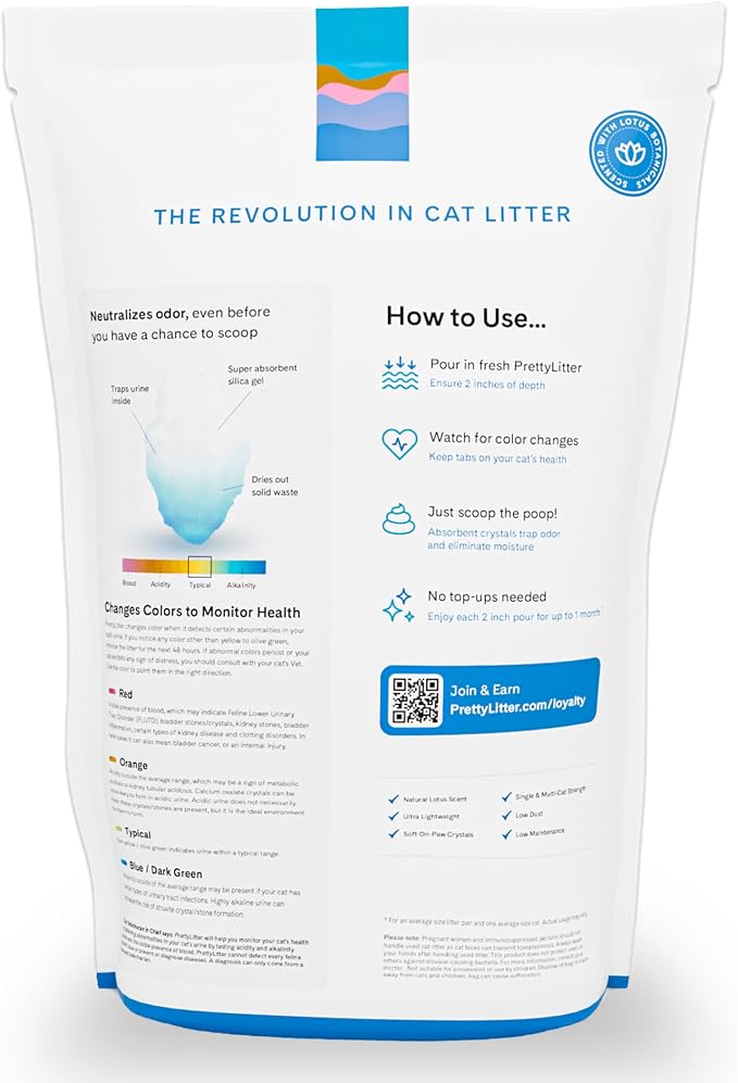 PrettyLitter Health Monitoring Cat Litter, Lotus Flower, 6 lb. Bag | Up to 1 Month Supply, Non-Clumping, Advanced Odor Control, Automatic Litter Box Compatible, Color Changing Silica Crystals
