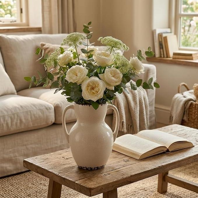 Emotionally Grounded Vase, Vaseking Large Ceramic Rustic Vase with 2 Handles, 8.3 inch Minimalist Decorative Farmhouse Vases for Home Decor, Living Room, Enterway, Table Decoration, Ice Cracked White