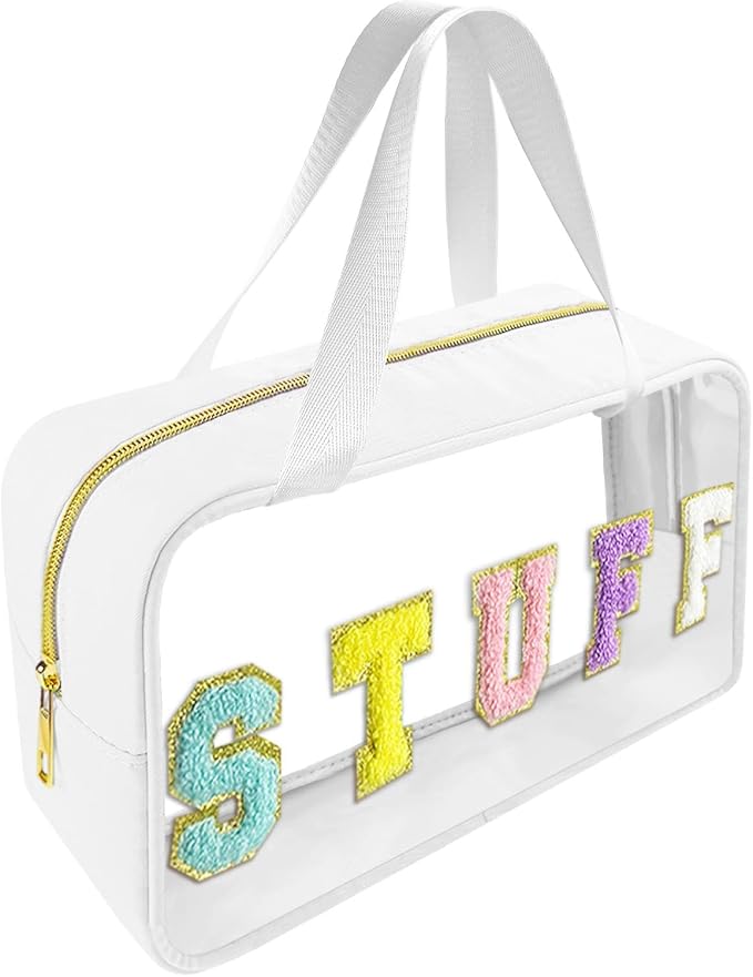 Chenille Letter Clear Makeup Bag Stuff Patch, Travel Toiletry Makeup Bag with Handle, Nylon Waterproof Makeup Bags clear cosmetic bag, preppy patch makeup bag for Women (STUFF-White)