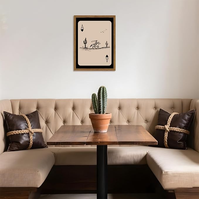 Western Cowboy Wall Art Vintage Southwest Wall Decor Painting, Western Playing Card Canvas Prints, Retro Cactus Sketch Artwork for Bedroom Living Room 24x36 inch Wood Framed