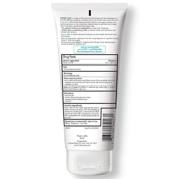 La Roche-Posay Effaclar Medicated Gel Cleanser, 2% Salicylic Acid Cleanser + LHA + Glycerin, Foaming Acne Face Wash, Helps Clear & Prevent Acne Breakouts, Oil Free, Targets Excess Oil