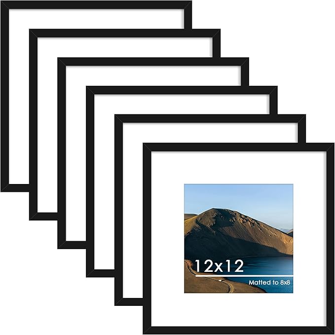 12x12 Picture Frame Set of 6, Wall Mount Display, Black | Display Pictures 8x8 with Mat or 12x12 Without Mat, Horizontal or Vertical, Gallery Wall Frame Set, Wedding Birthday Gifts