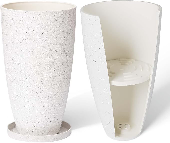 LA Jolie Muse 20 Inch Tall White Planters,Set of 2 Indoor/Outdoor Tall Planters with Shelf Insert and Trays,Modern Large Flower Pot for Front Front Door, Patio and Deck | Set of 2, Large Flower Pots with Drainage Holes and Tray, Modern Planter for Fron...
