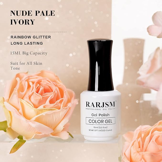RARJSM Gel Nail Polish Nude Glitter Pale Ivory Sparkle Holographic Rainbow Chunky Red Shimmery Iridescent Jelly Nude Skin Tone Gel Polish Single Bottle Soak off UV LED Cured for Home Salon 15ML