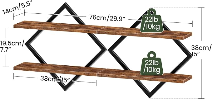 Floating Shelves, Set of 2 Wall Shelves, 2-Tier Hanging Shelves, Wall Shelf Set of 2, Wall Mounted Shelves, for Living Room, Bedroom, Kitchen, Office, Study, Rustic Brown TBJ01P2BF