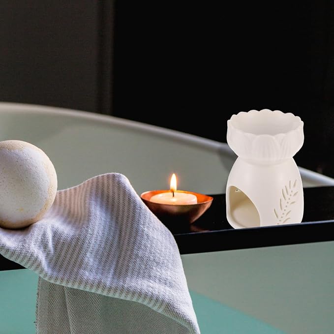 Ceramic Essential Oil Burner with Hollow-Out Design Tealight Candle Holder Aromatherapy Diffuser for Home Office Relaxation 4.13X3.14X3.14 Inch