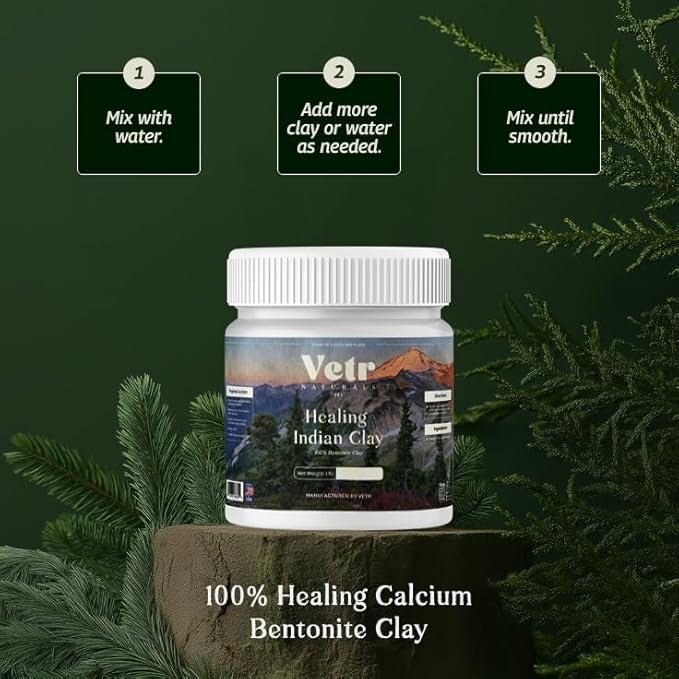 vetr Naturals Healing Indian Clay - Organic Natural Bentonite Clay 1 lb - Deep Pore Cleansing Facial, Hair & Body Mask - 100% Pure Calcium Bentonite for Detox & Skin Care