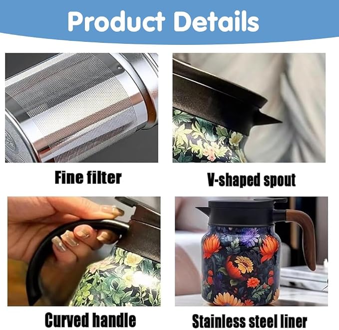 Vintage Floral Pattern Tea Pots – Built-in Infuser,Vintage Floral Teapot with Built In Infuser Stainless Steel Thermal Carafe with Lid for Hot Drinks,Blue(Wooden handle,35oz)