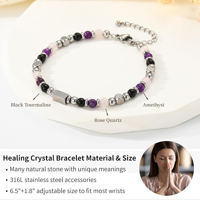 Natural Healing Crystal Bracelet for Women, Triple Protection Anxiety Relief New Beginnings Good Luck Empath Protection Jewelry Gift for Friends Daughter Mom 6.5+1.8 Inches