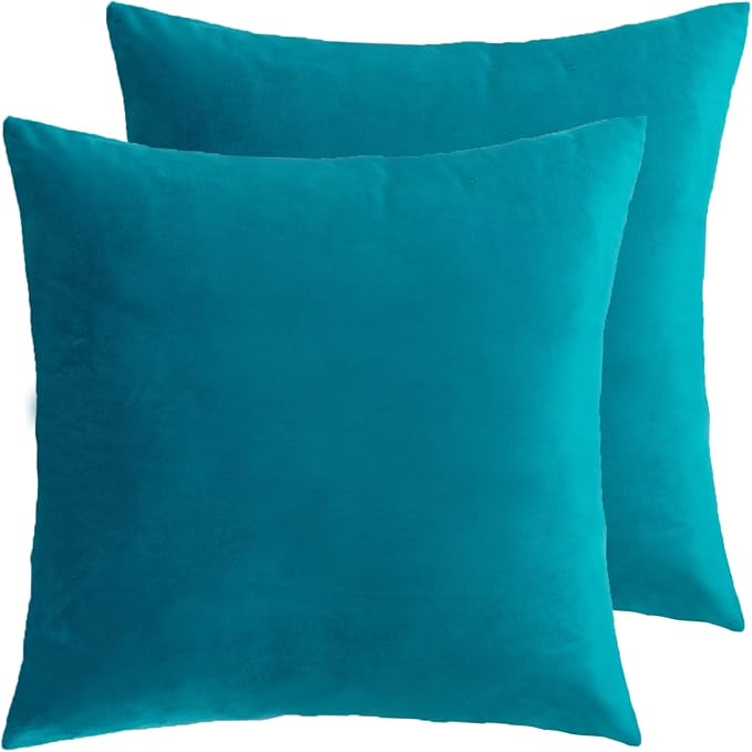 Velvet Decorative Throw Pillow Covers, Soft Square Cushion Case Home Decor for Living Room Couch Bed Sofa, Set of 2 Pack, Teal, 18x18 Inch